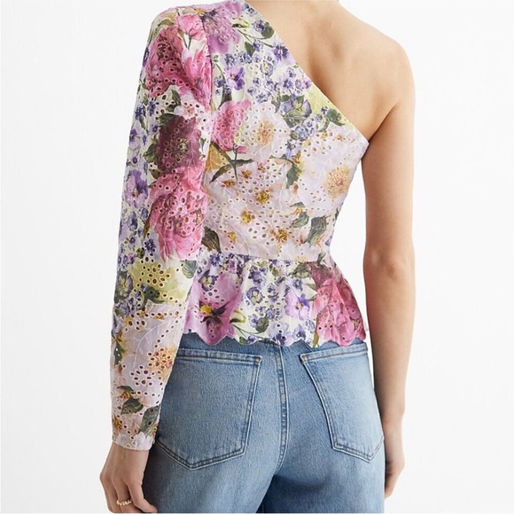 Eyelet Pastel Floral Gathered One Shoulder Peplum Top - Picture 2 of 2